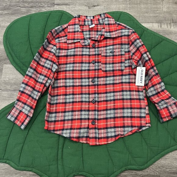 Old Navy Flannel Boys 4T Plaid Button Down Long Sleeve Red Gray Blue - Picture 1 of 5
